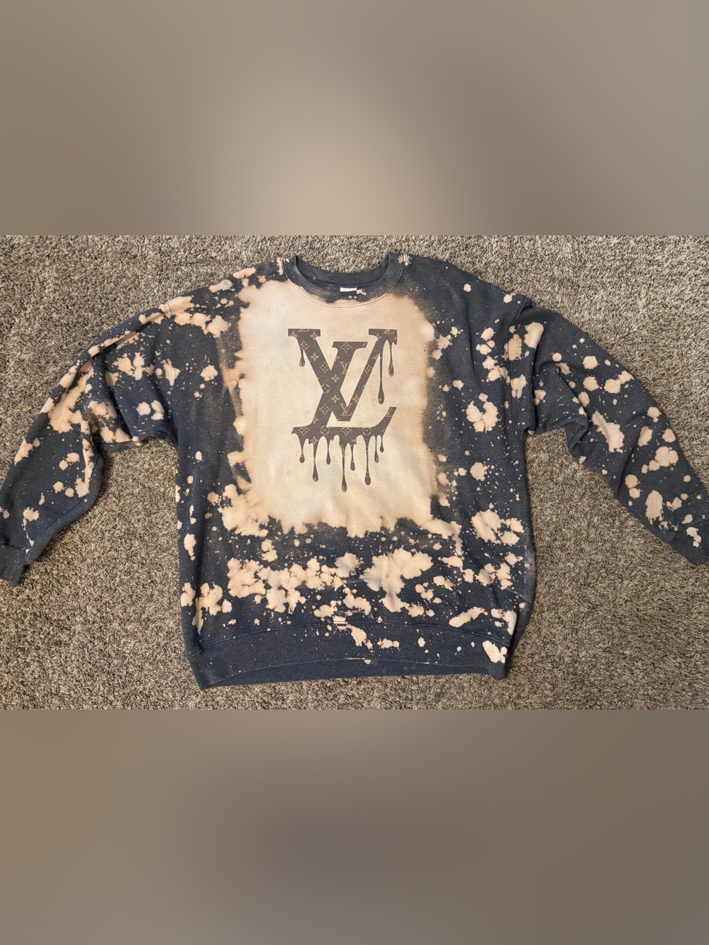 Black and Beige Bleach-Splatter Crewneck with “LV” Drip Monogram